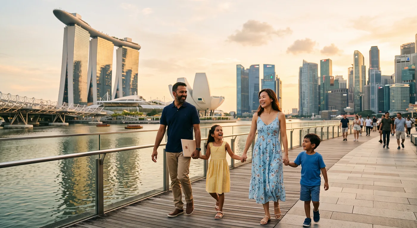 A family walking along Singapore's Marina Bay waterfront